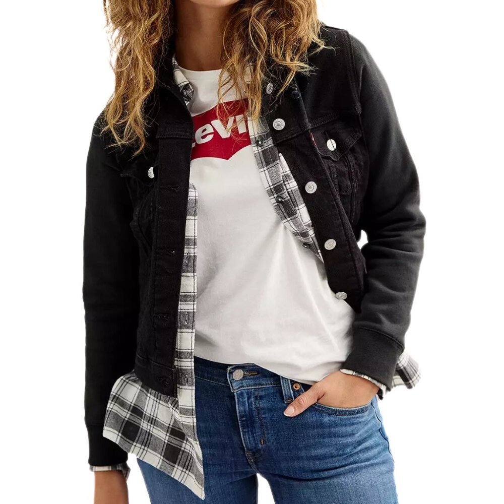 Levi's Black Hybrid Denim Hoodie Original Trucker Jacket Size XL - Picture 7 of 14